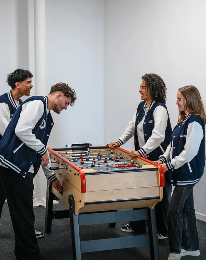 Students play table football on the campus of the engineering school ECE in Bordeaux.