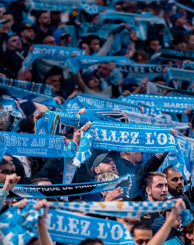 Supporters of OM in the stands of the Orange Velodrome stadium in Marseille
