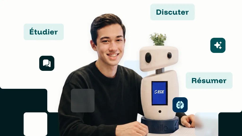 Étudiant de l’école d’ingénieur ECE souriant aux côtés de Milo, robot étudiant boosté à l’IA et conçu par les étudiants de l’ECE
